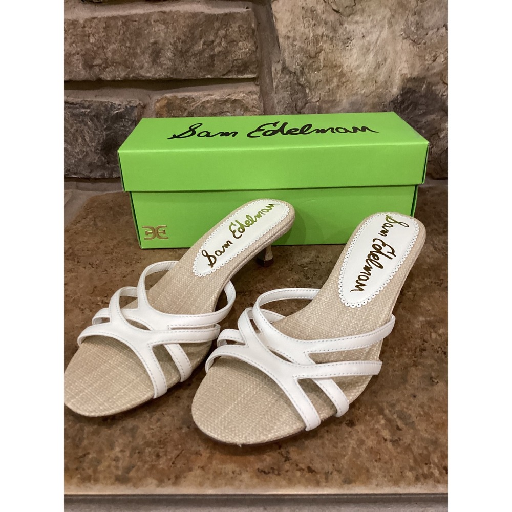 Sam Edelman Camille Ivory Leather Strappy Kitten Heel Mules Sandals Size 8M New